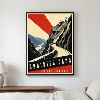 Honister Pass travel poster in a black frame, hanging in a bedroom3
