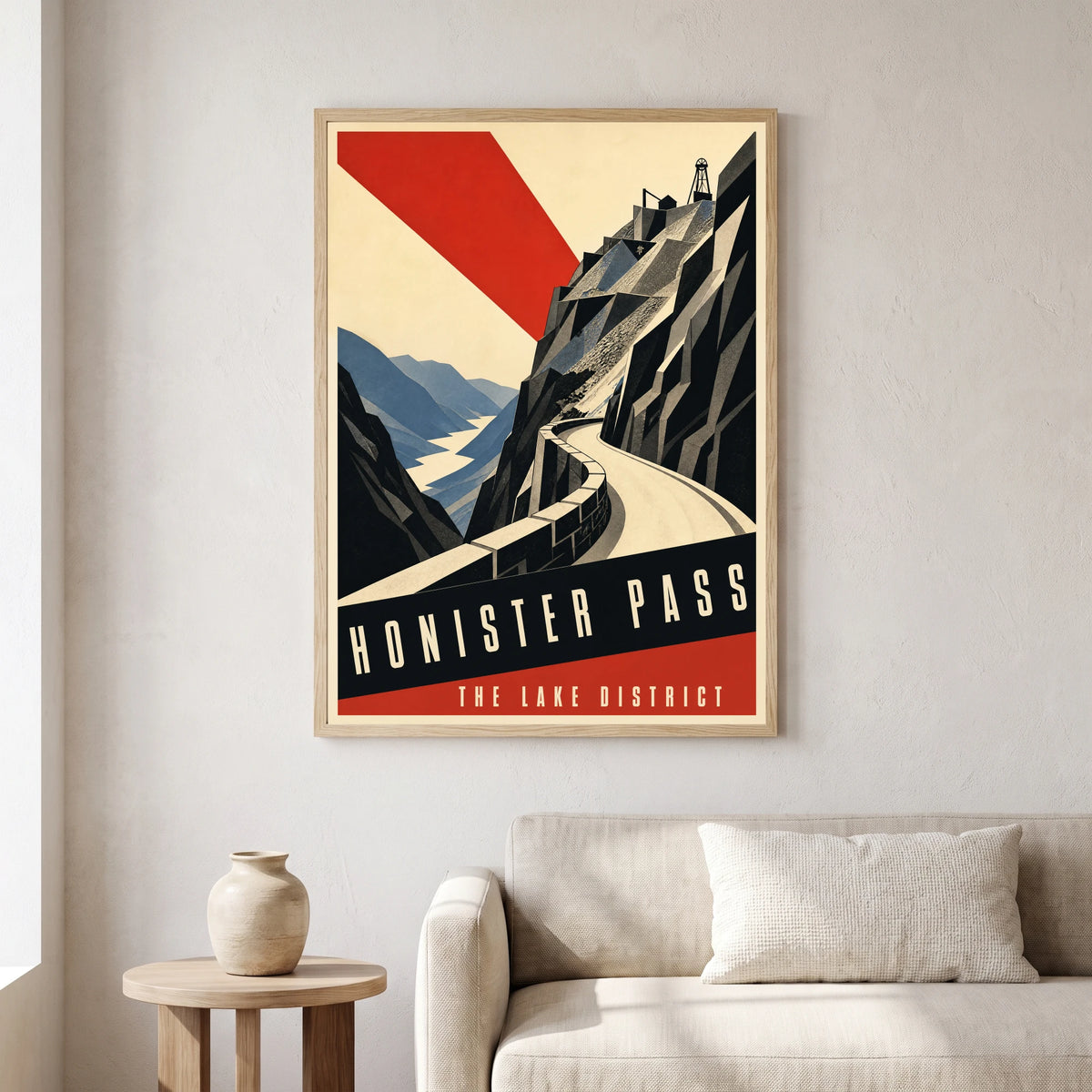 Honister Pass travel poster in a natural frame, hanging in a living