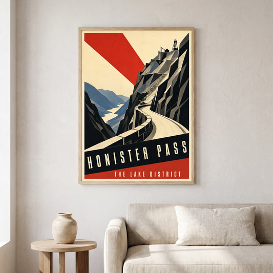 Honister Pass travel poster in a natural frame, hanging in a living