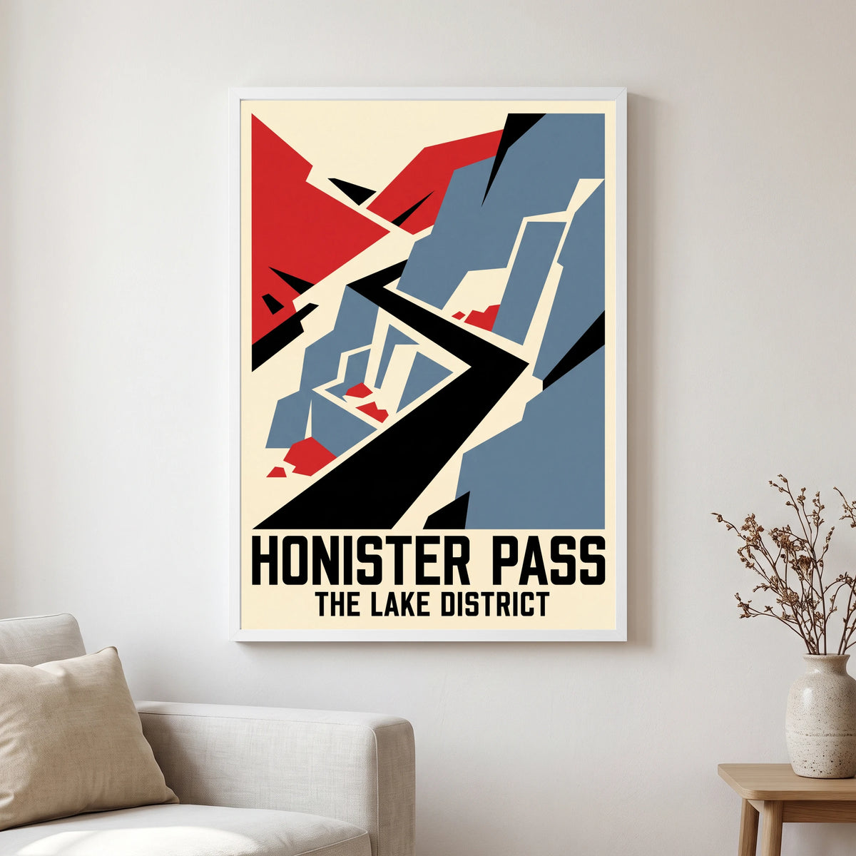 Honister Pass travel poster in a white frame, hanging in a living2
