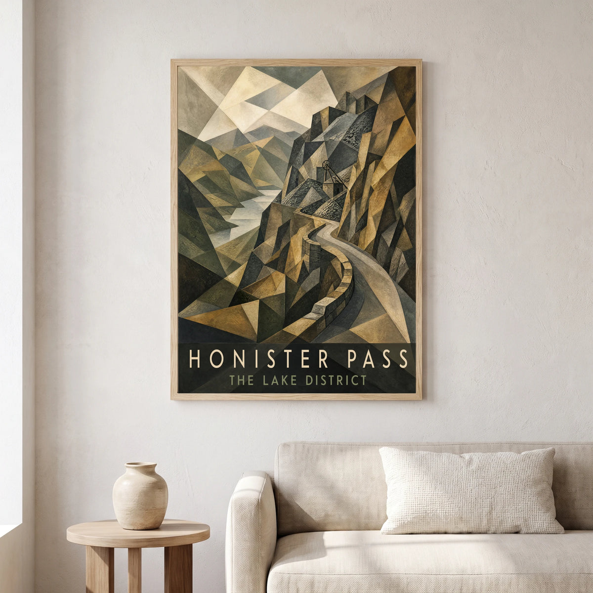 Honister Pass travel poster in a natural frame, hanging in a living