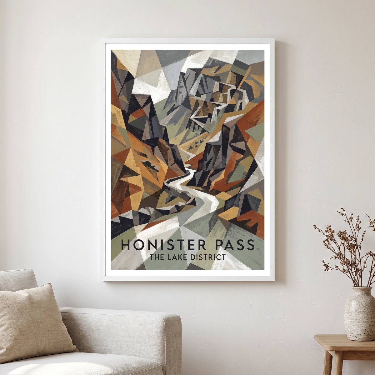 Honister Pass travel poster in a white frame, hanging in a living2