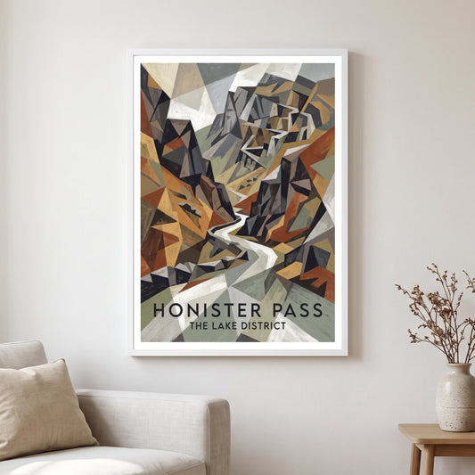 Honister Pass travel poster in a white frame, hanging in a living2