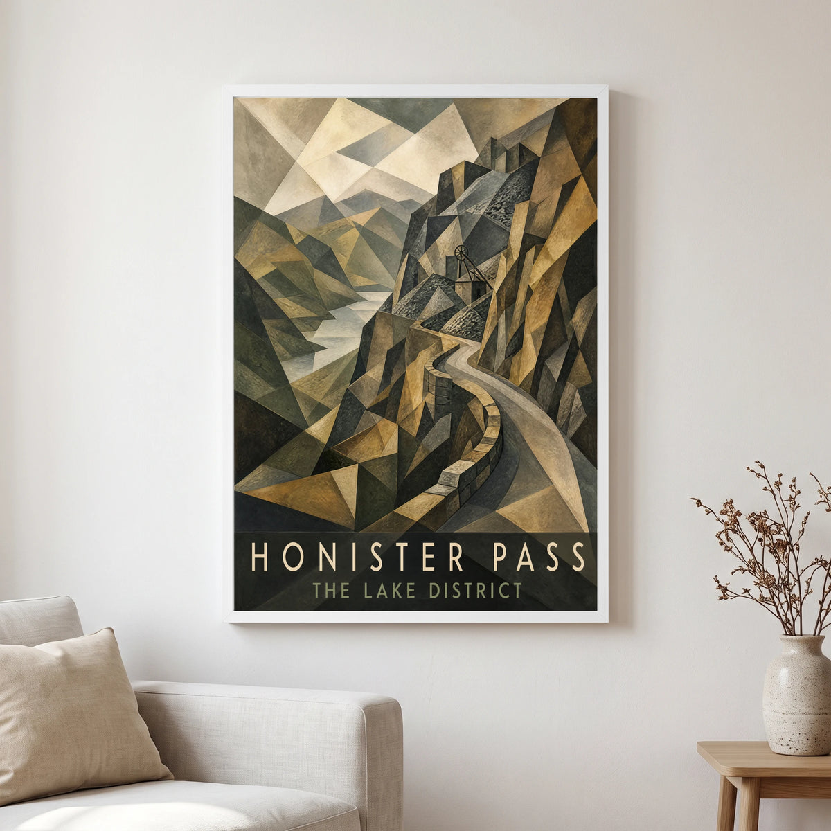 Honister Pass travel poster in a white frame, hanging in a living2