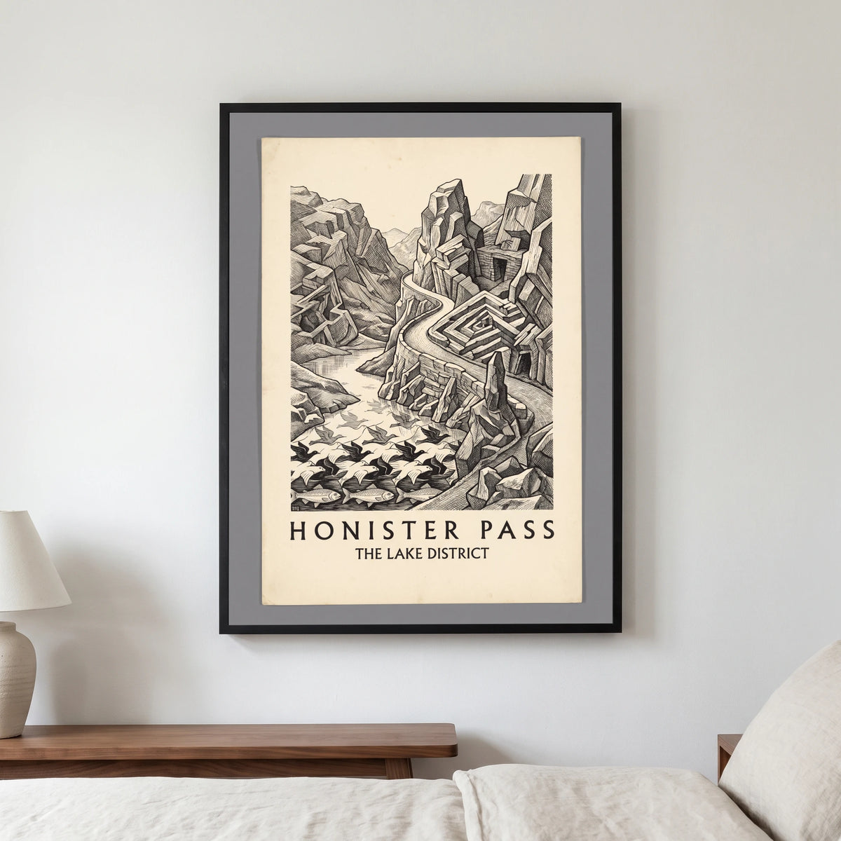 Honister Pass travel poster in a black frame, hanging in a bedroom3