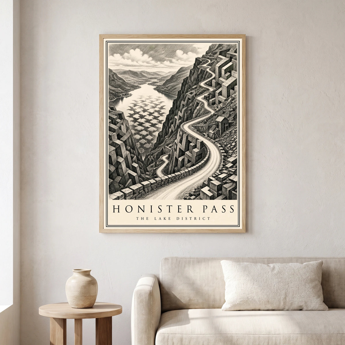 Honister Pass travel poster in a natural frame, hanging in a living
