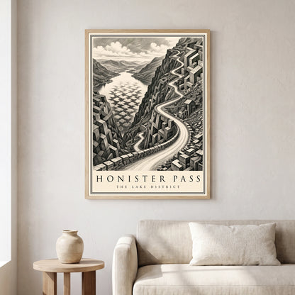 Honister Pass travel poster in a natural frame, hanging in a living