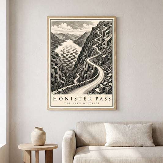 Honister Pass travel poster in a natural frame, hanging in a living