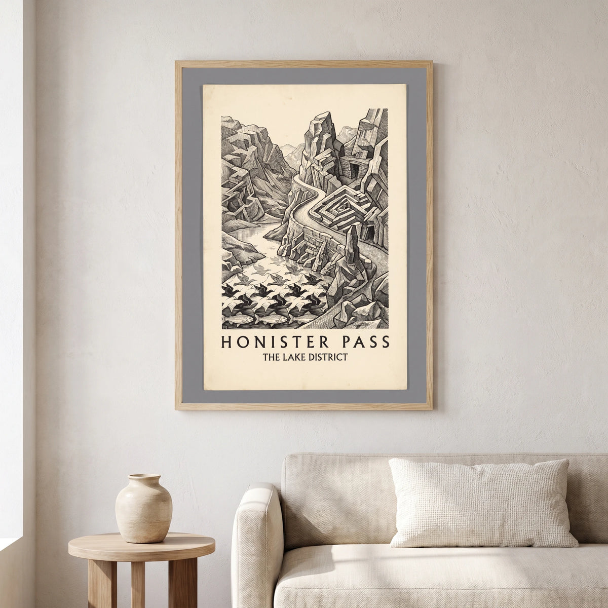 Honister Pass travel poster in a natural frame, hanging in a living