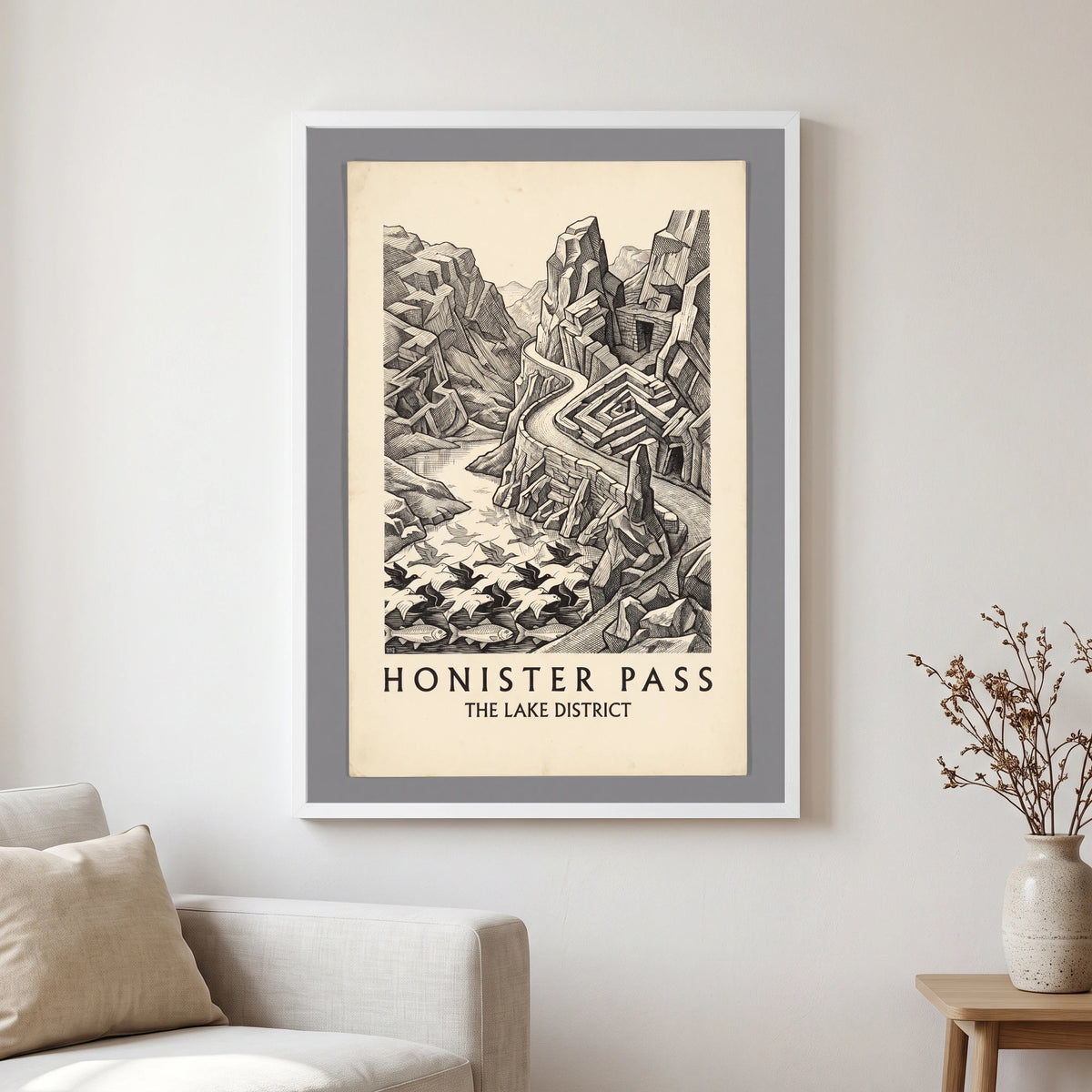 Honister Pass travel poster in a white frame, hanging in a living2