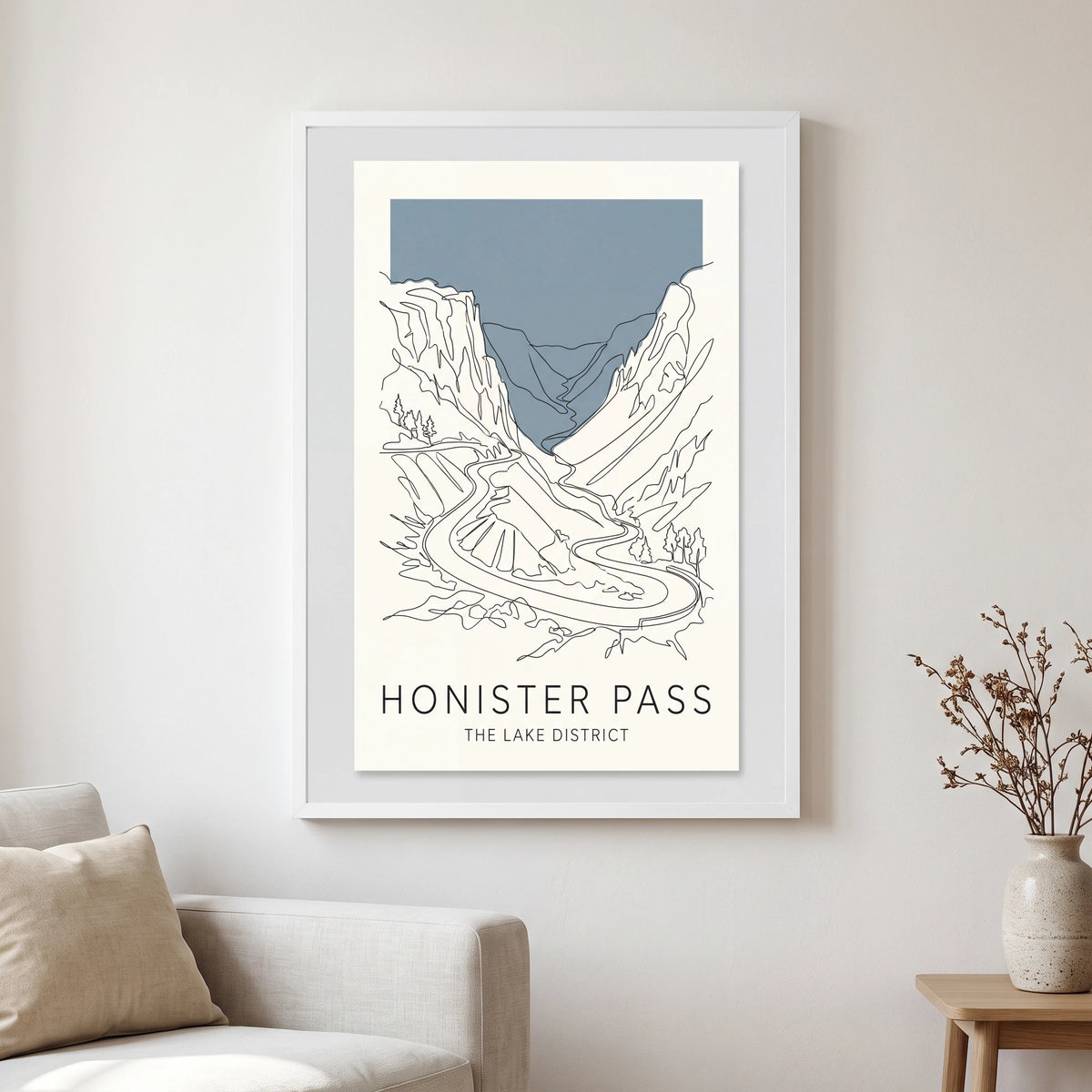 Honister Pass travel poster in a white frame, hanging in a living2