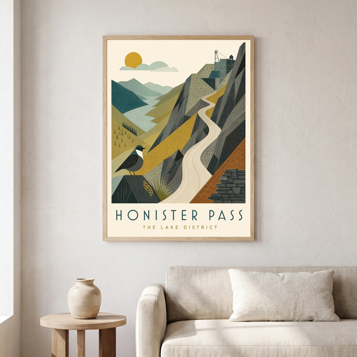 Honister Pass travel poster in a natural frame, hanging in a living