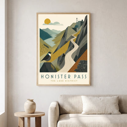 Honister Pass travel poster in a natural frame, hanging in a living
