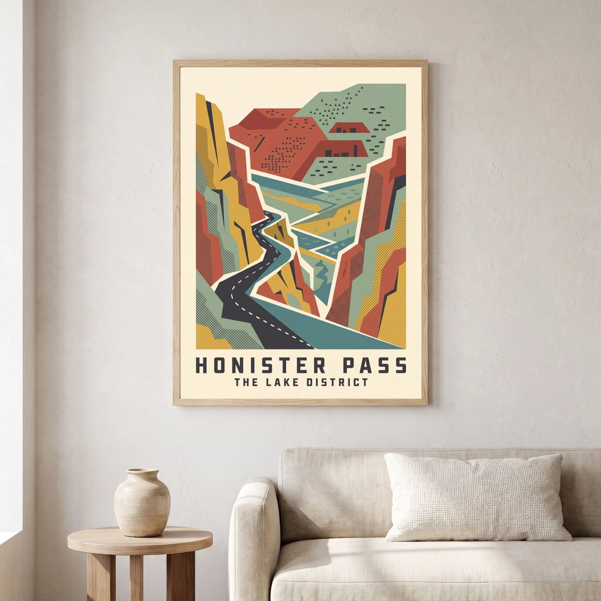 Honister Pass travel poster in a natural frame, hanging in a living