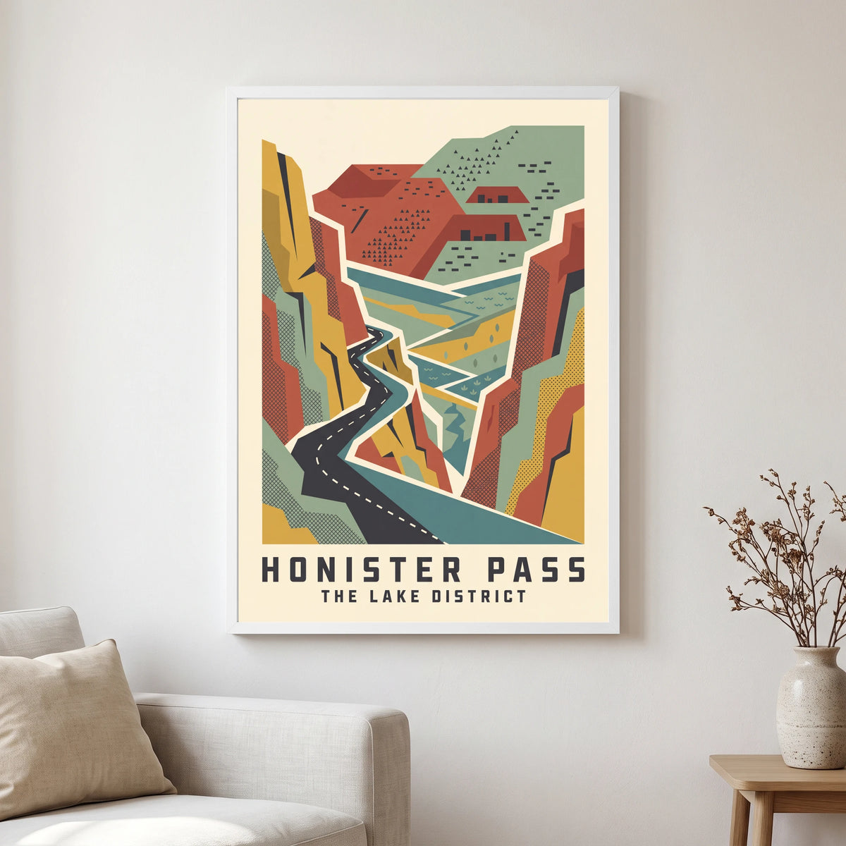 Honister Pass travel poster in a white frame, hanging in a living2