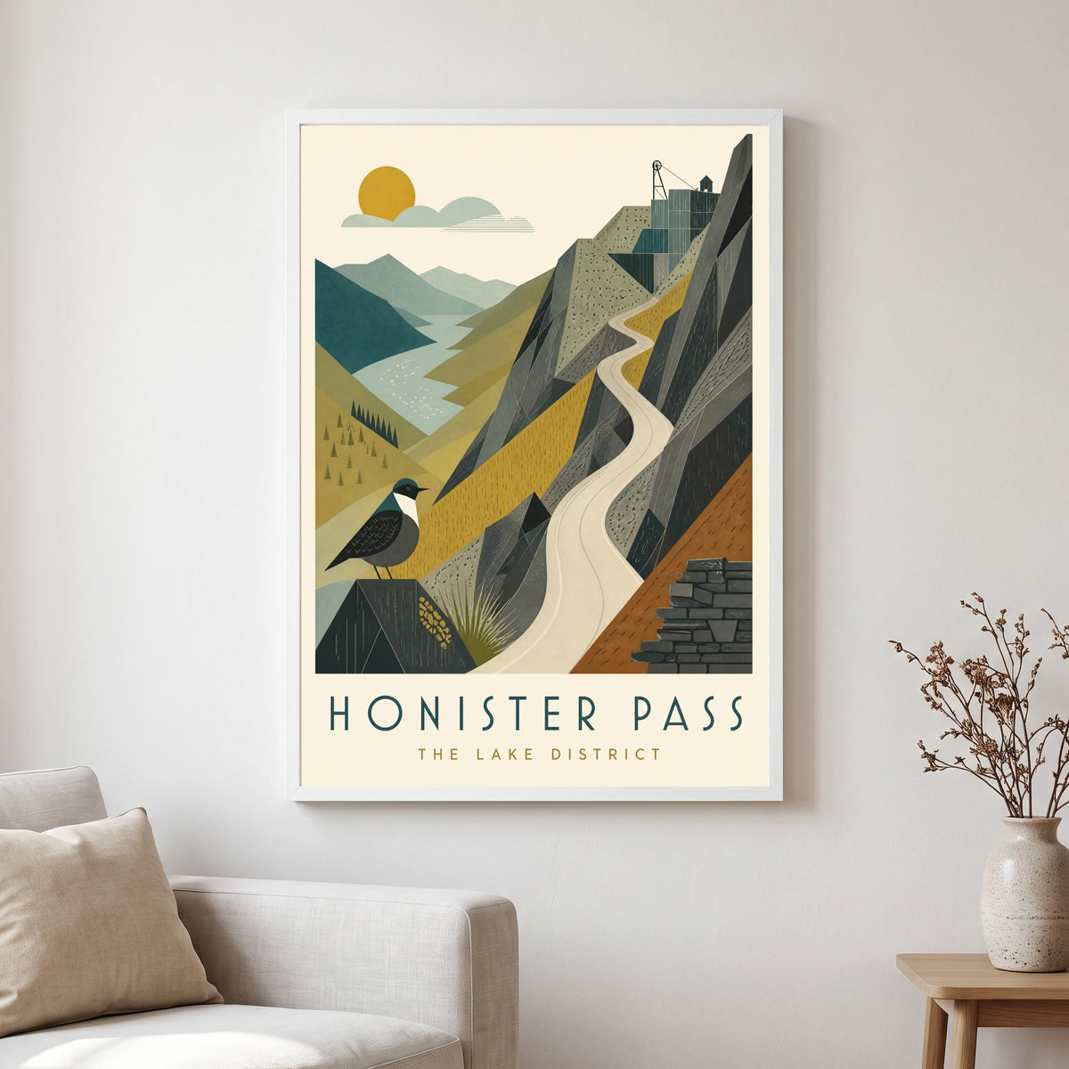 Honister Pass travel poster in a white frame, hanging in a living2