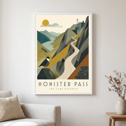 Honister Pass travel poster in a white frame, hanging in a living2