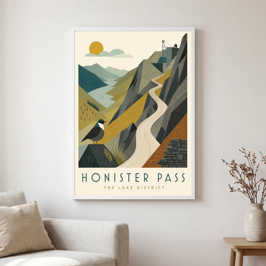 Honister Pass travel poster in a white frame, hanging in a living2