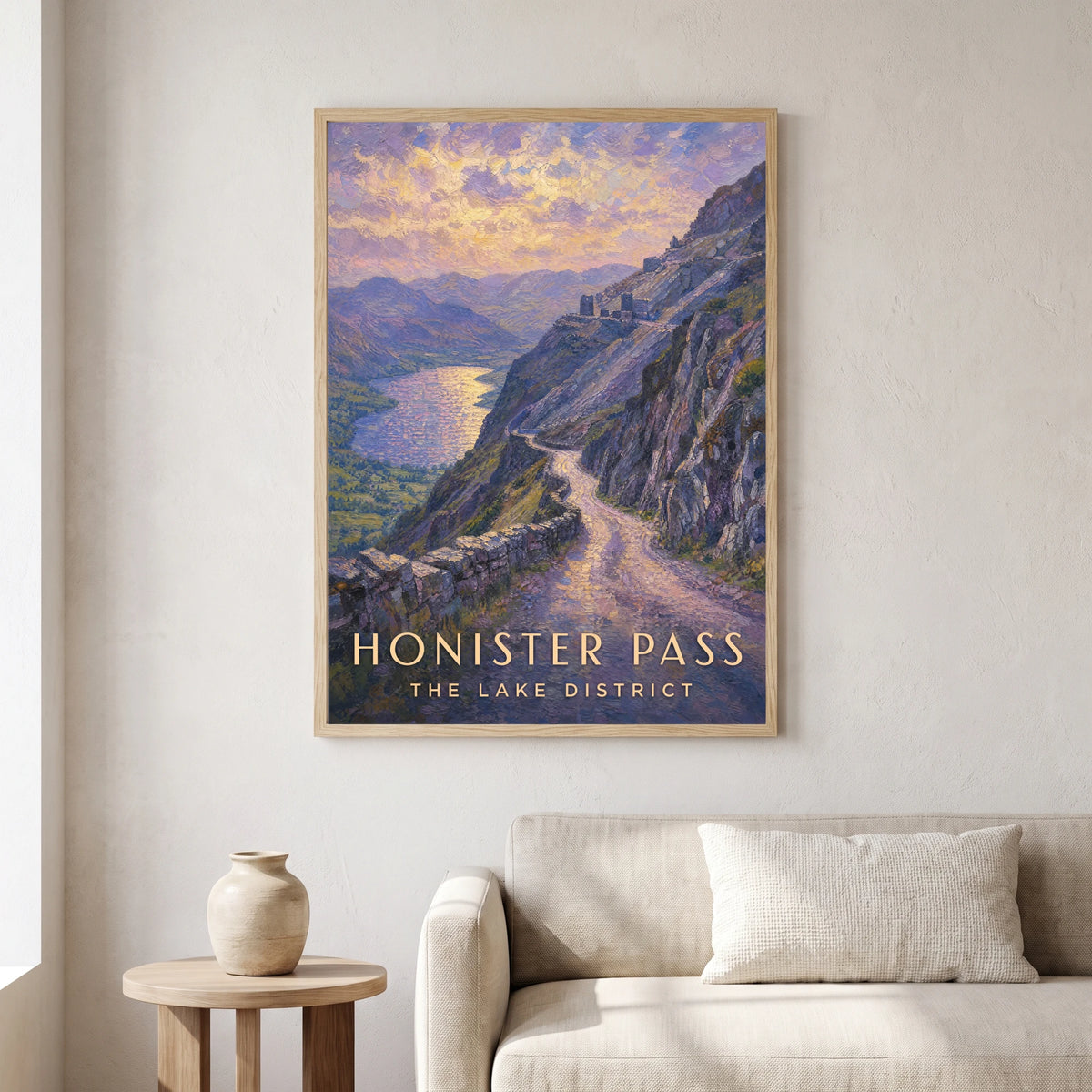 Honister Pass travel poster in a natural frame, hanging in a living