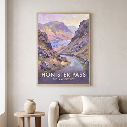 Honister Pass travel poster in a natural frame, hanging in a living