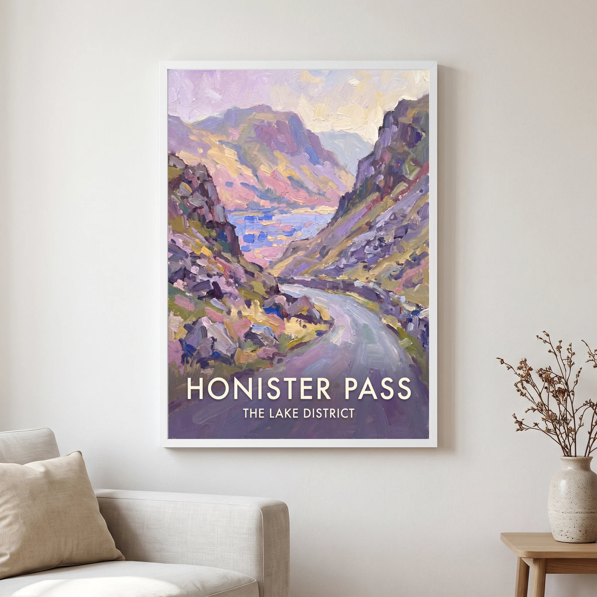 Honister Pass travel poster in a white frame, hanging in a living2
