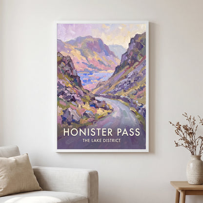 Honister Pass travel poster in a white frame, hanging in a living2