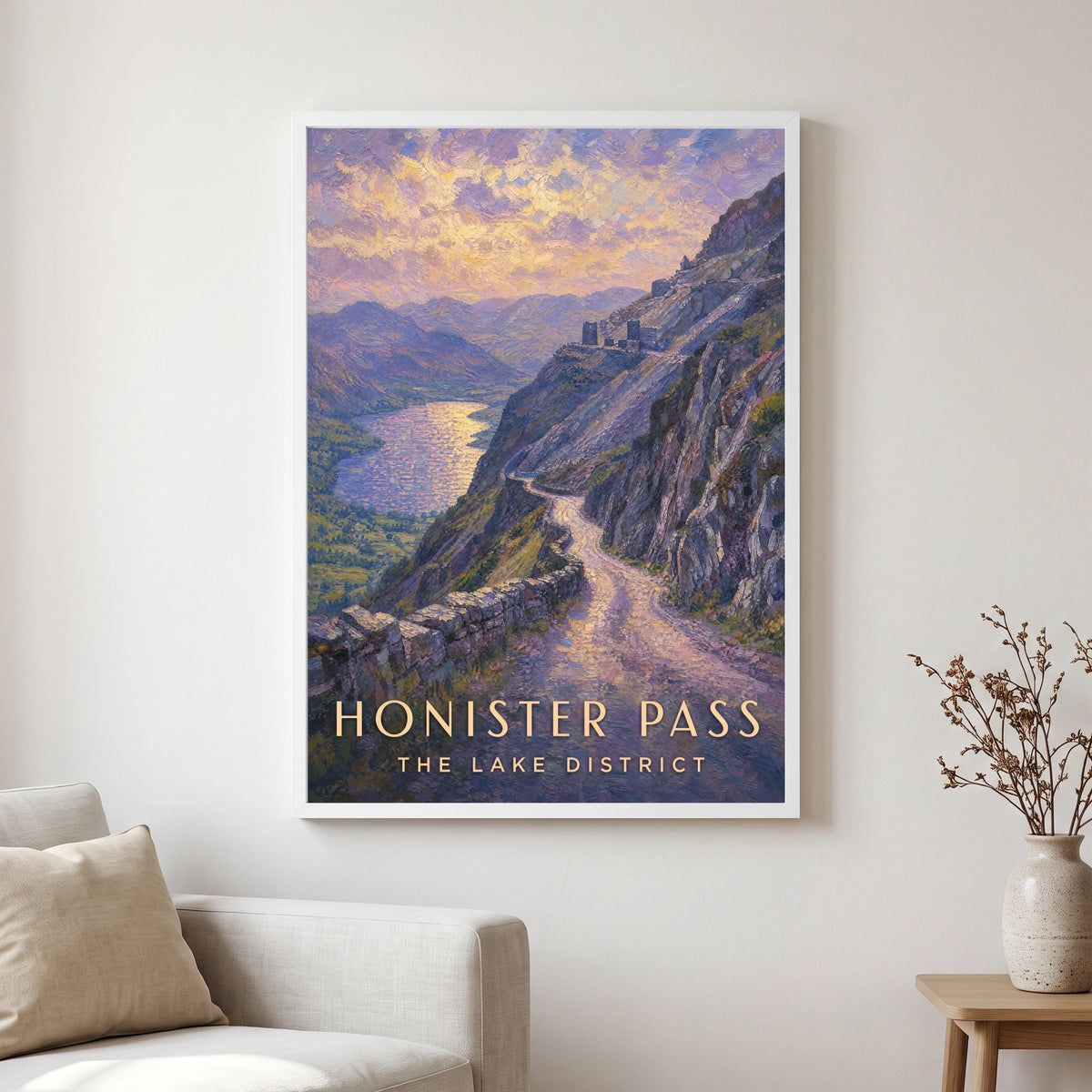 Honister Pass travel poster in a white frame, hanging in a living2