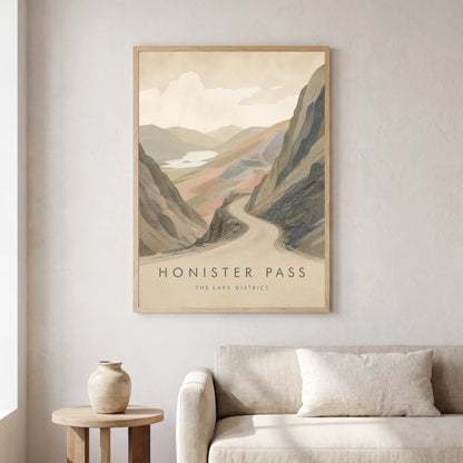Honister Pass travel poster in a natural frame, hanging in a living