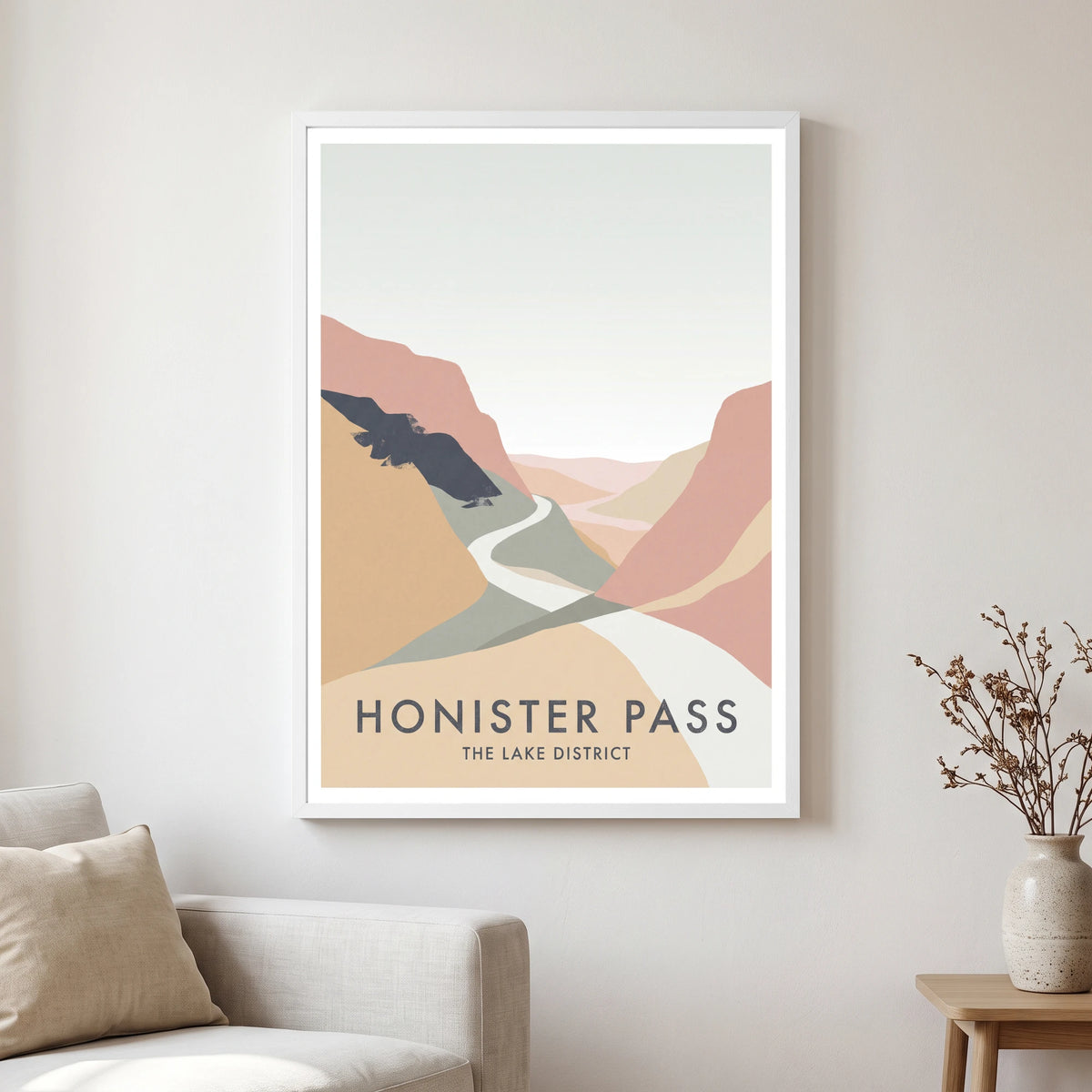 Honister Pass travel poster in a white frame, hanging in a living2