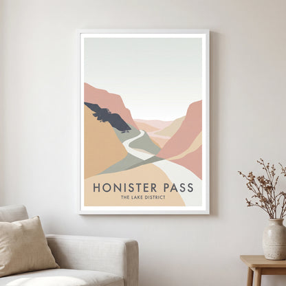 Honister Pass travel poster in a white frame, hanging in a living2