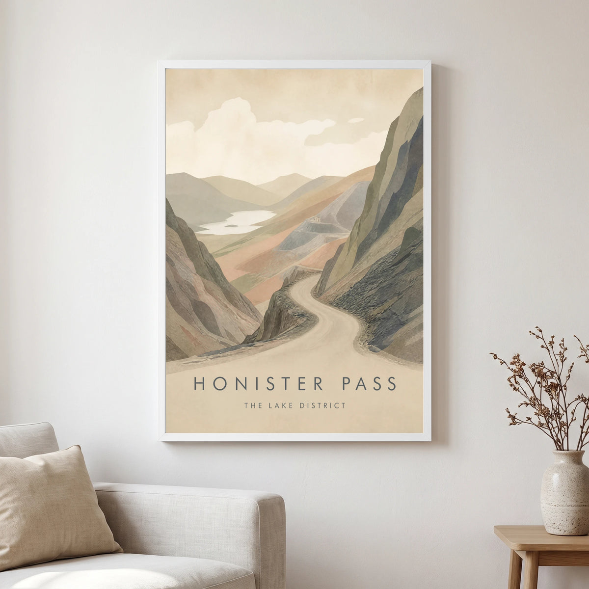 Honister Pass travel poster in a white frame, hanging in a living2