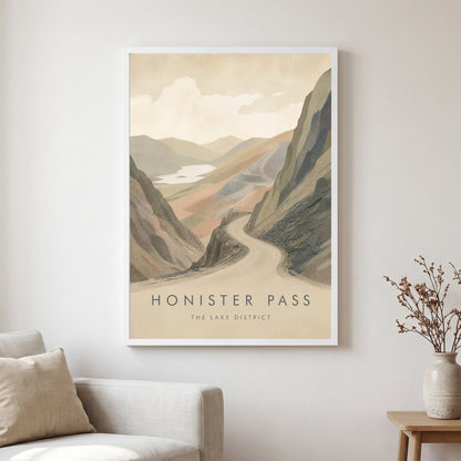 Honister Pass travel poster in a white frame, hanging in a living2