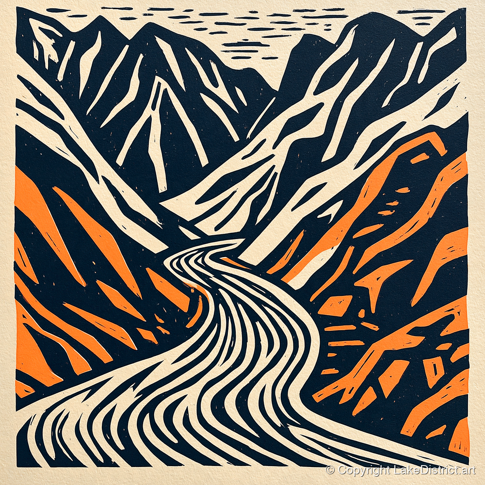 Honister Pass Navy and Terracotta - lake district valley art print and canvas by Leon Baxter A.I