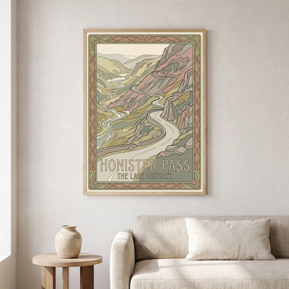 Honister Pass travel poster in a natural frame, hanging in a living