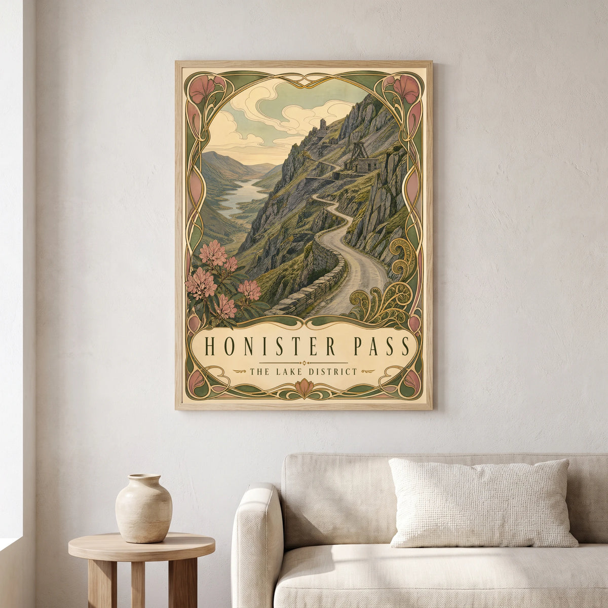 Honister Pass travel poster in a natural frame, hanging in a living