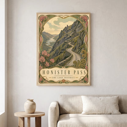 Honister Pass travel poster in a natural frame, hanging in a living