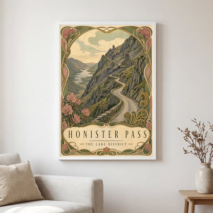 Honister Pass travel poster in a white frame, hanging in a living2