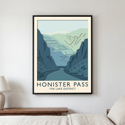 Honister Pass travel poster in a black frame, hanging in a bedroom3