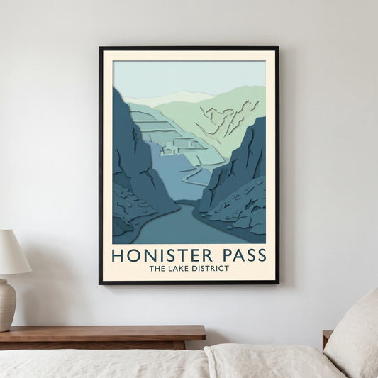 Honister Pass travel poster in a black frame, hanging in a bedroom3