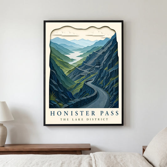 Honister Pass travel poster in a black frame, hanging in a bedroom3