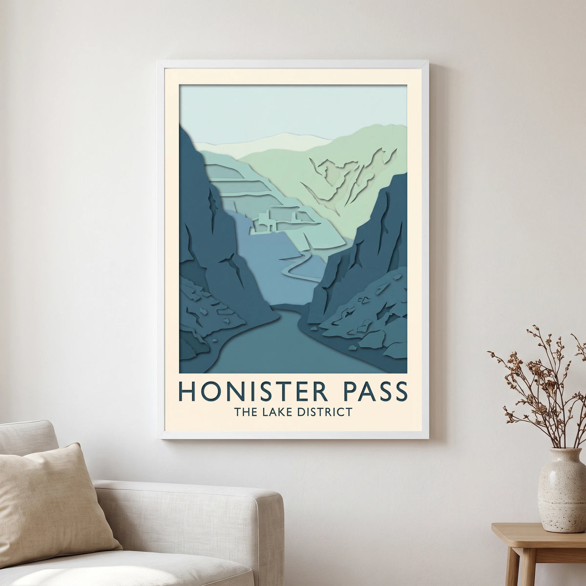 Honister Pass travel poster in a white frame, hanging in a living2