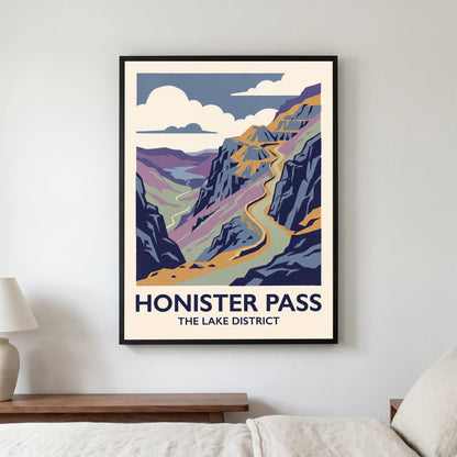 Honister Pass travel poster in a black frame, hanging in a bedroom3