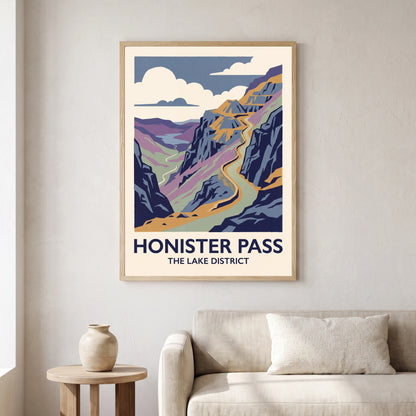 Honister Pass travel poster in a natural frame, hanging in a living
