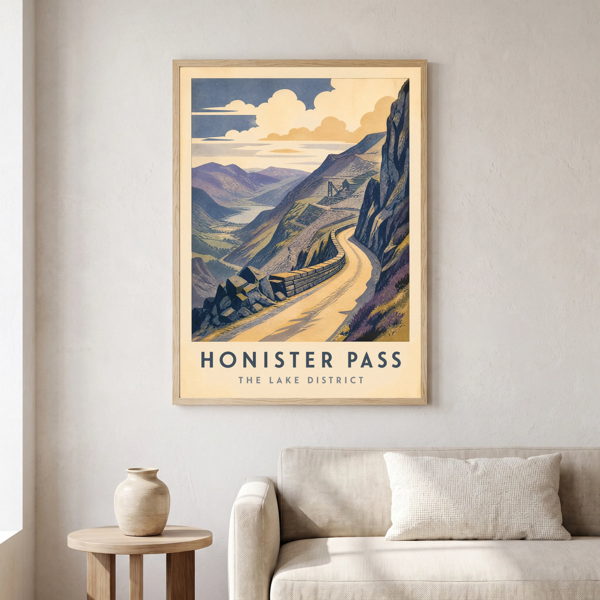 Honister Pass travel poster in a natural frame, hanging in a living