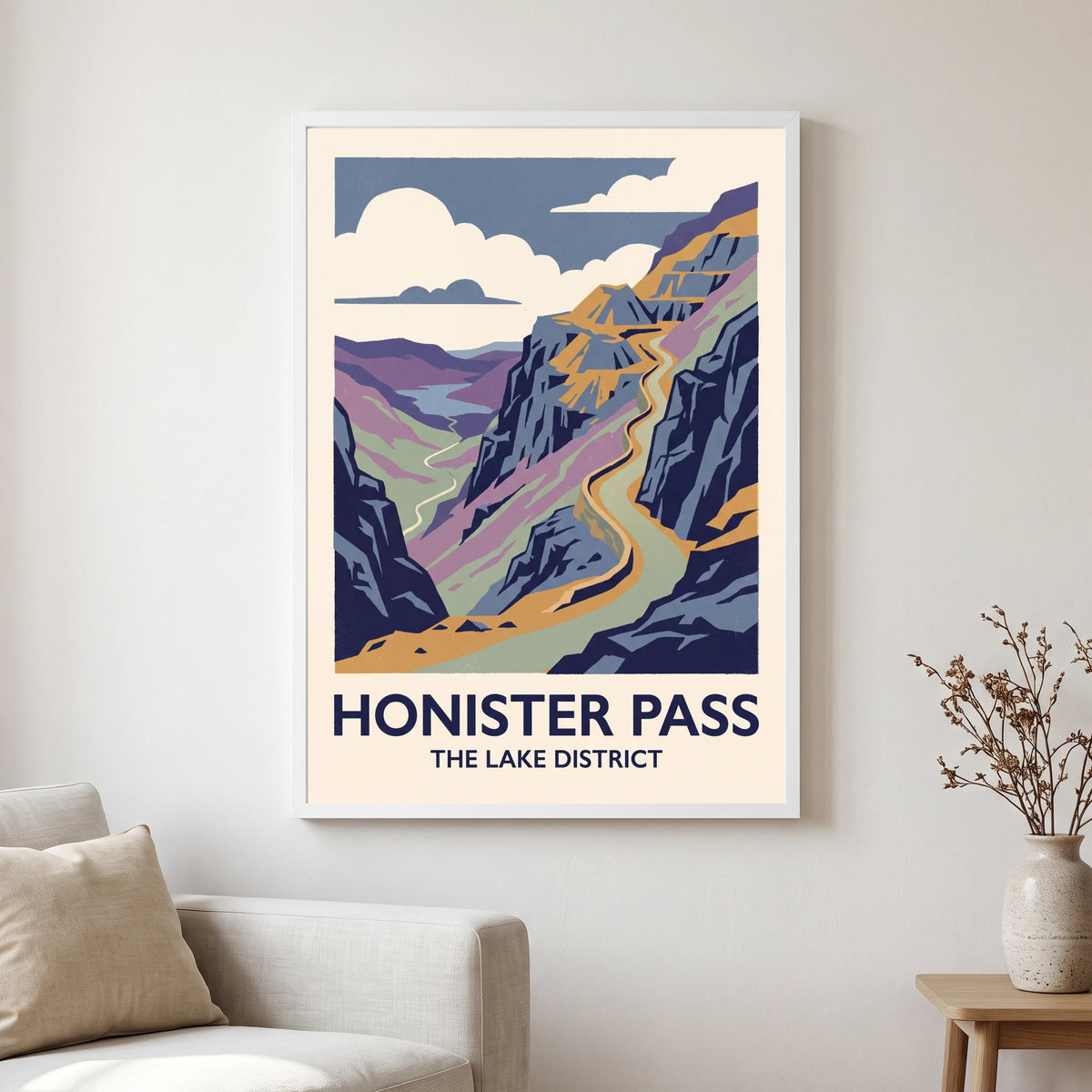 Honister Pass travel poster in a white frame, hanging in a living2