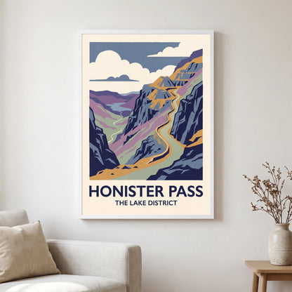 Honister Pass travel poster in a white frame, hanging in a living2
