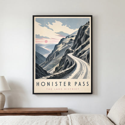 Honister Pass travel poster in a black frame, hanging in a bedroom3