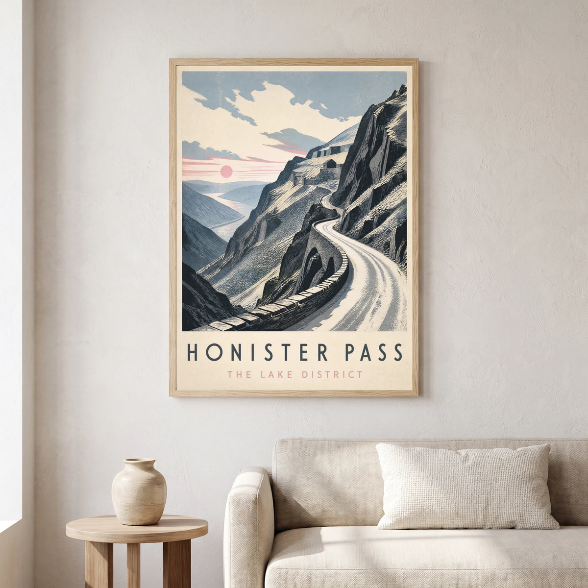 Honister Pass travel poster in a natural frame, hanging in a living