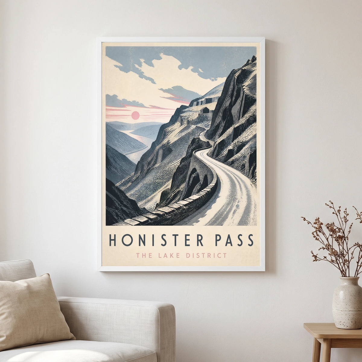 Honister Pass travel poster in a white frame, hanging in a living2