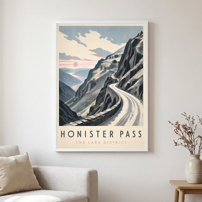 Honister Pass travel poster in a white frame, hanging in a living2